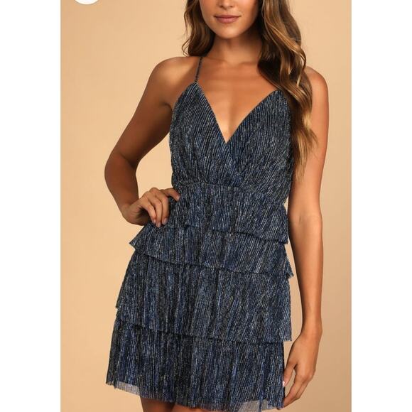 Lulus Glowing Gorgeous Blue Multi Metallic Tiered Mini Dress Size Small - Picture 12 of 13